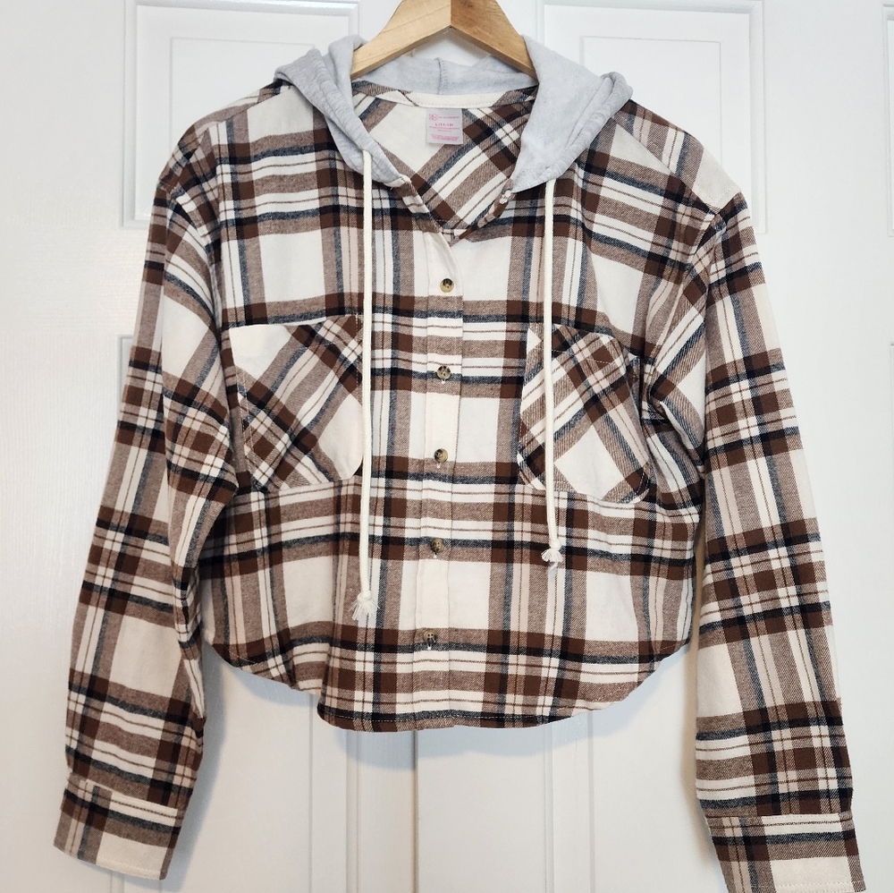 No Boundaries Women's Hooded Button Down Flannel Cropped Shirt Size XL NWOT